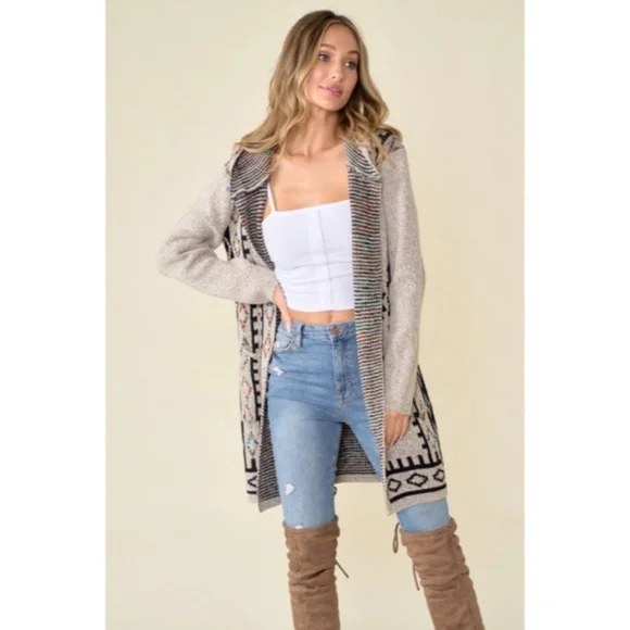 Oatmeal Aztec Rainbow Western Hooded Knit Cardigan Long Sleeve Open Sweater - Picture 11 of 14